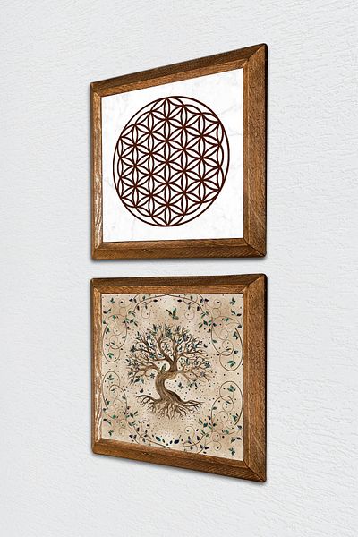 Pinecone Λουλούδι της Ζωής, Δέντρο της Ζωής Πέτρινη Ζωγραφική Τοίχου Ξύλινο Πλαίσιο Διακόσμηση Τοίχου 2 τεμαχίων Σετ ζωγραφικής -W2-206-