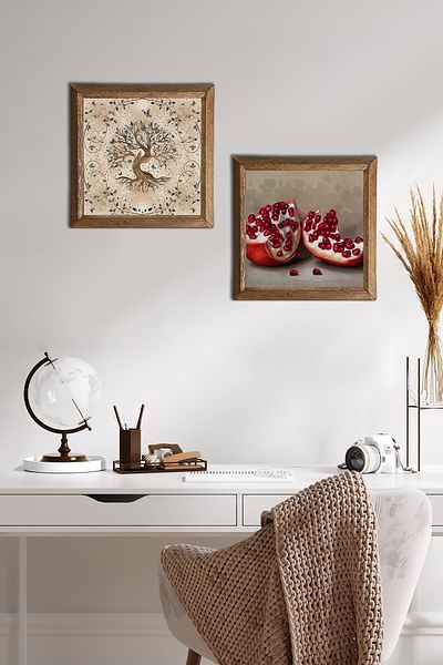 Pinecone Arborele vieții, pictură pe perete din piatră de rodie, decor de perete cu rame din lemn, set de pictură din 2 piese, artă de perete -W2-727-