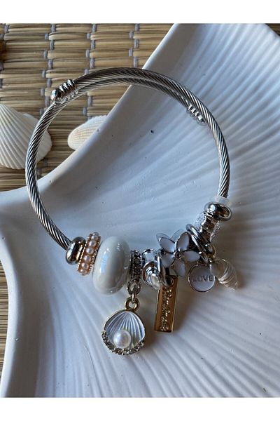 Jeros Accessories Steel Bracelet with White Seashell Charm and Pearl Detail