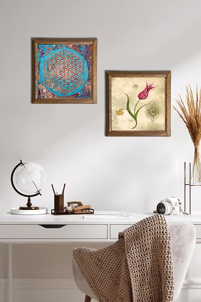 Pinecone Flower of Life, Tulip Stone Wall Painting Wood Framed Wall Decor Set of 2 Painting Wall Art -W2-696-