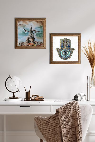 Pinecone Istanbul Galata Tower, Fatma Mother Hand (Hamsa) Stone Wall Painting Framed Wall Decor -W2-26-