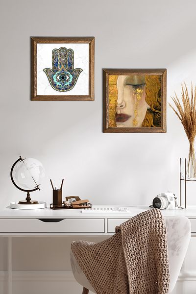 Pinecone Gustav Klimt Golden Tears, Fatma Mother Hand Stone Wall Painting with Wooden Frame Wall Decor -W2-17-