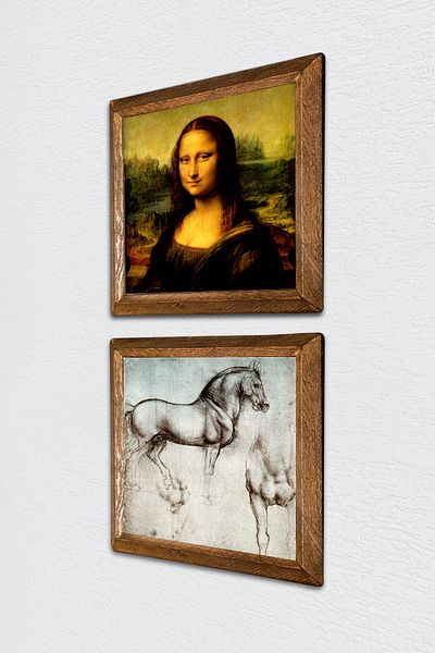 Pinecone Leonardo Da Vinci Mona Lisa, Horse Statue Stone Wall Painting Wall Decor with Wood Frame -W2-315-