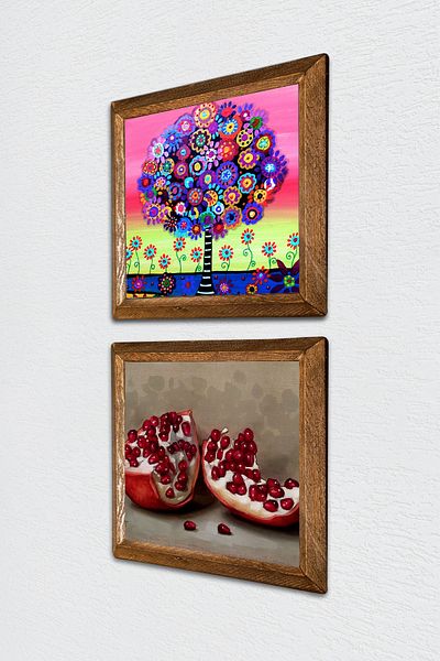 Pinecone Tree of Life, Pomegranate Stone Wall Painting Wood Framed Wall Decor 2 Piece Painting Set Wall Art -W2-729-