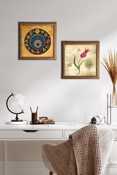 Pinecone Evil Eye, Lalele Pictură pe perete cu piatră Decor de perete cu cadru din lemn Set de pictură din 2 piese Artă de perete -W2-690-