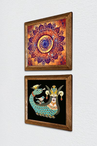 Pinecone Mandala, Shahmeran Stone Wall Painting Wooden Framed Wall Decor Set of 2 Painting Wall Art -W2-269-