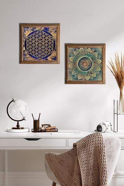 Pinecone Mandala, Floarea Vieții Pictură pe perete din piatră Decor de perete cu rame din lemn Set de pictură din 2 piese -W2-459-