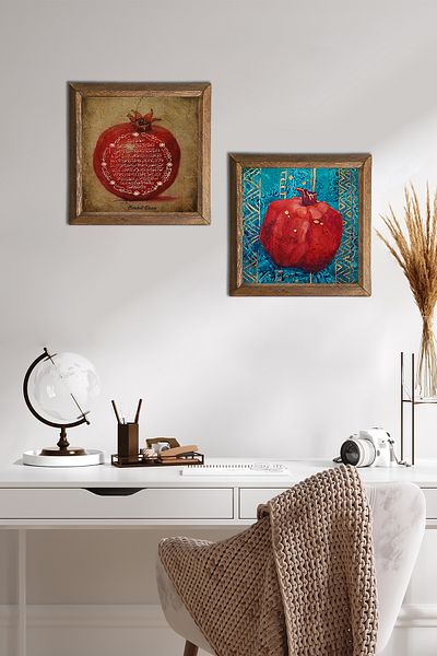 Pinecone Fertility Prayer, Pomegranate Stone Wall Painting with Wooden Frame Wall Decor Set of 2 Painting Wall Art -W2-97-