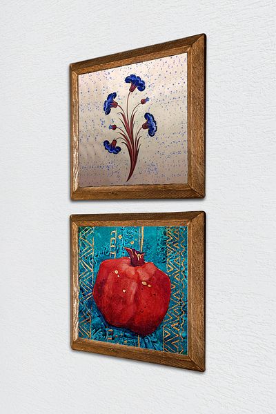 Pinecone Artă marmorată, pictură pe perete cu piatră de rodie, decor de perete cu rame din lemn, set de pictură din 2 piese, artă de perete -W2-135-
