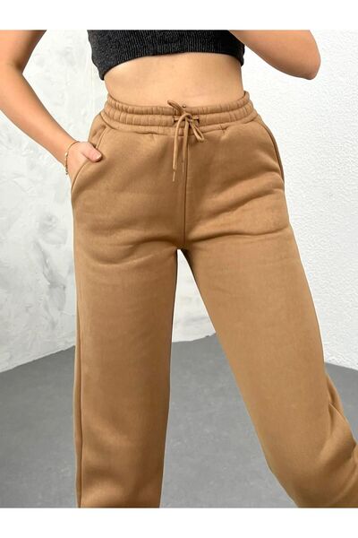 Ozy Fashion Γυναικείο ανοιχτό καφέ χειμωνιάτικο χοντρό εσωτερικό φλις ψηλόμεσο με ελαστικό πόδι Basic Jogger Sweatpants