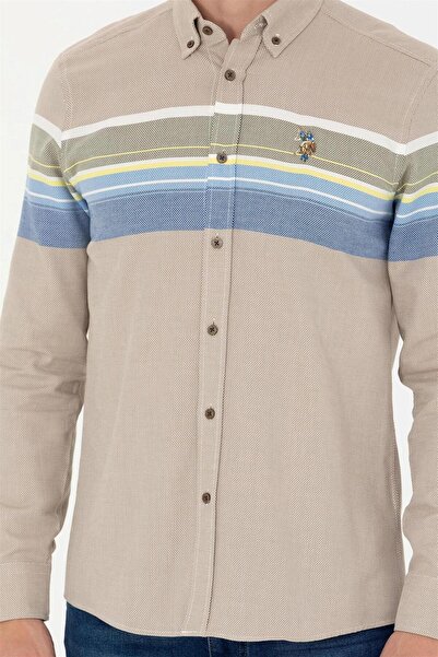 U.S. Polo Assn. Ανδρικό ελαφρύ χακί μακρυμάνικο πουκάμισο ELİFSU BUTİKHOME