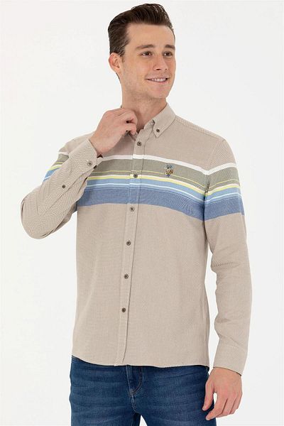 U.S. Polo Assn. Ανδρικό ελαφρύ χακί μακρυμάνικο πουκάμισο ELİFSU BUTİKHOME