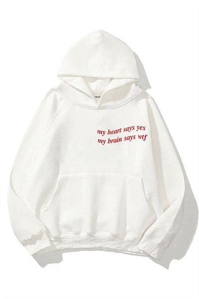 Gofeel Y2k Χοντρό ύφασμα με κουκούλα My Heart 3 κλωστών Λευκό Oversize Φούτερ