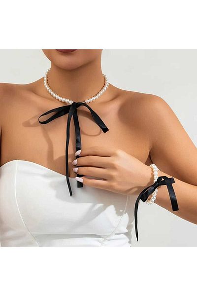 İPAR AKSESUAR RIBBON PEARL NECKLACE BRACELET SET