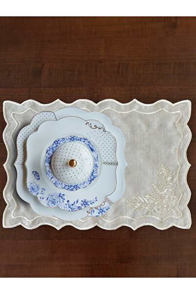 Lilies Atelier Beyaz Yaprak Desenli Romantik 6 Adet Amerikan Servis Tabak Alt...