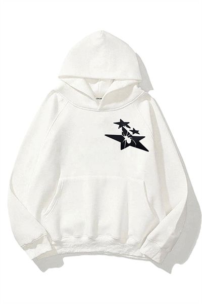 Gofeel Y2k Hooded Thick Fabric Stars Spider 3 νήματα Λευκό Oversize Φούτερ