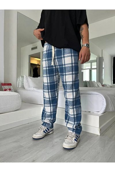 Gofeel Harajuku Plaid Blue Checked Wide Leg Sweatpants Hs