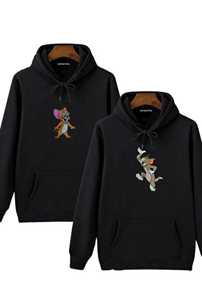 Josette Siyah Tom Ve Jerry Baskılı Sevgili Kombin Oversize Sweatshirt Kapüşon...
