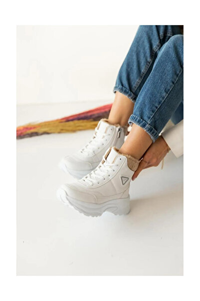 VELLICHOR Acropol Içi Yünlü Siyah Kürklü Kışlık Kadın Bot - Beyaz