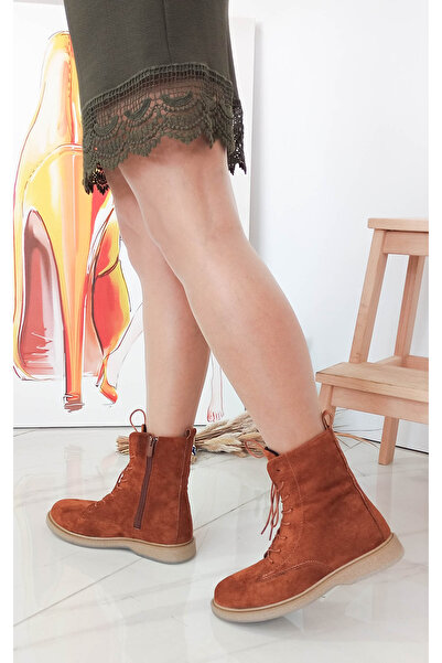 GDT Ayakkabı Taba Süet Bağcıklı Fermuarlı Kadın Bot