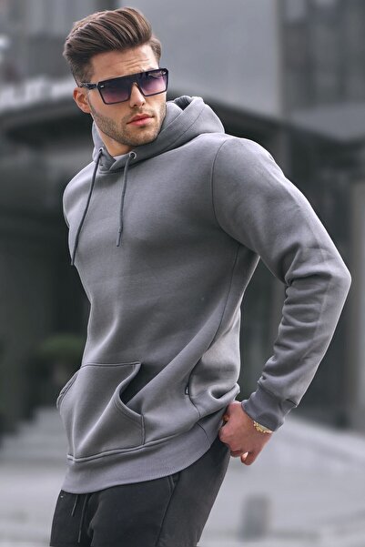 Siyah Erkek kapüşonlu cepli 3 iplik Sweatshirt
