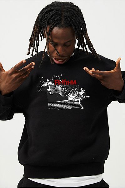 Eazy Co Hanorac gros unisex negru cu gât crew Eazy Rhytm