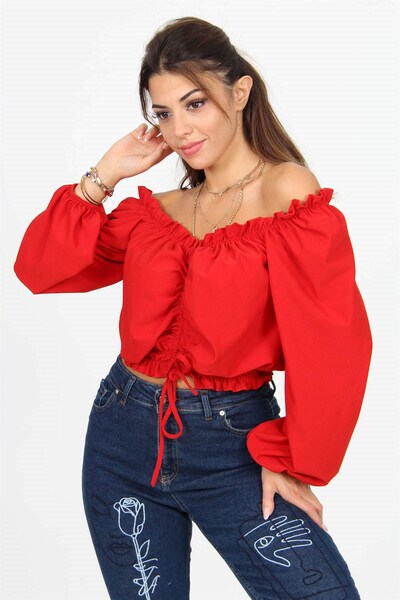 Neşeli Butik Дамска блуза с рамене тип „крило” и райета Kklf38 - червена