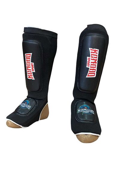 KOMODO SPORT Mma، Muay Thai، Kick Boxing، واقي ساق مرن مع تقوية جلدية على القدم - أسود