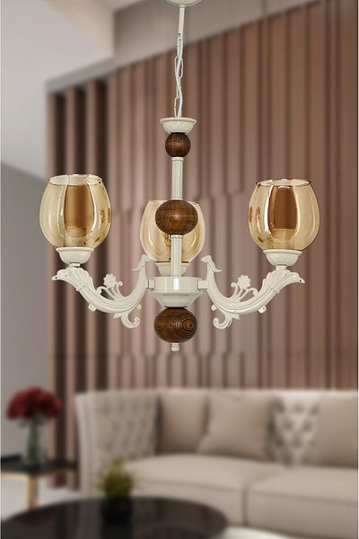 DEDE THREE-ARMED WOODEN CREAM COLOR SAVA ZAMAK CHANDELIER WITH HONEY COLOR GLASS