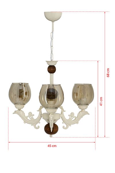 DEDE THREE-ARMED WOODEN CREAM COLOR SAVA ZAMAK CHANDELIER WITH HONEY COLOR GLASS