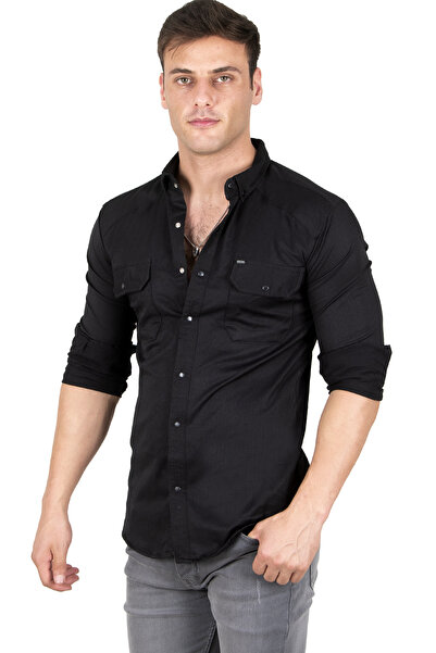 DeepSEA Ανδρικό πουκάμισο με διπλή τσέπη με λεπτό ριμπ, μαύρο Lycra 2300421