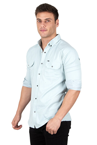 DeepSEA Men's Mint Green Lycra Thin Ribbed Snap Fastener Double Pocket Shirt 2300421