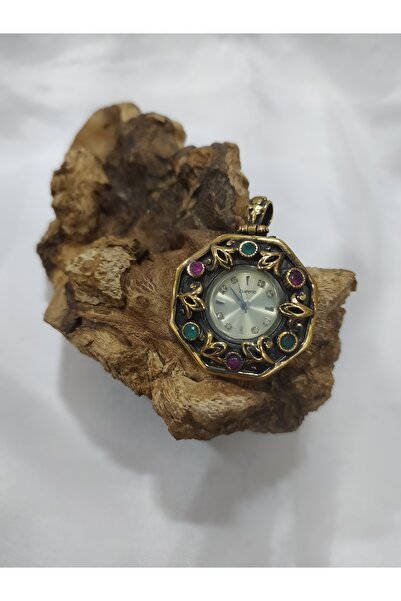 Firuze Gümüş Kök Yakut Kök Zümrüt Taşlı Otantik Yöresel Saat Gümüş Saat Kolye