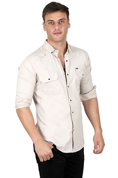 DeepSEA Ανδρικό πουκάμισο διπλής τσέπης σε μπεζ Lycra με λεπτό ραβδωτό κούμπωμα 2300421