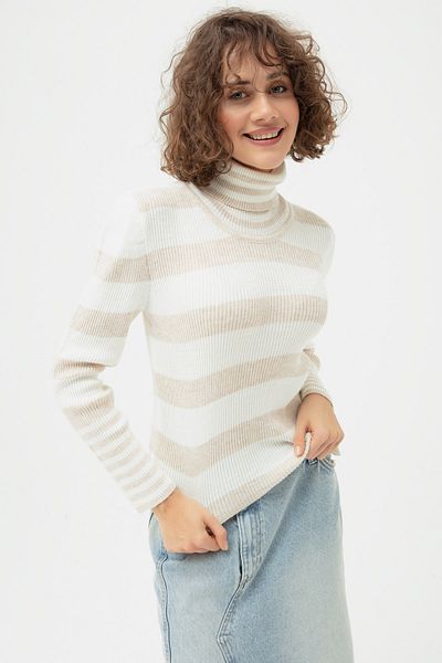 Lafaba Women's Beige Turtleneck Striped Knitwear Sweater