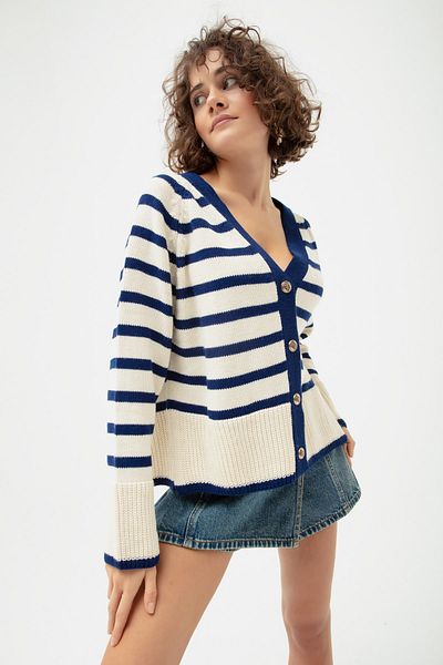 Lafaba Women's Navy Blue Gold Buttoned Striped Knitwear Cardigan
