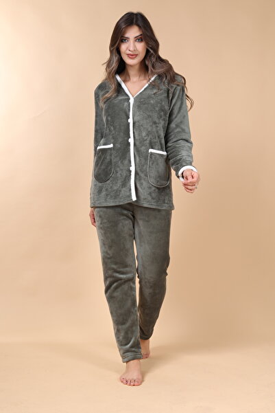 mervemoda Γυναικείο σετ πιτζάμες από μαλακό ύφασμα χακί υψηλής ποιότητας μπροστά με τσέπες με κουμπιά