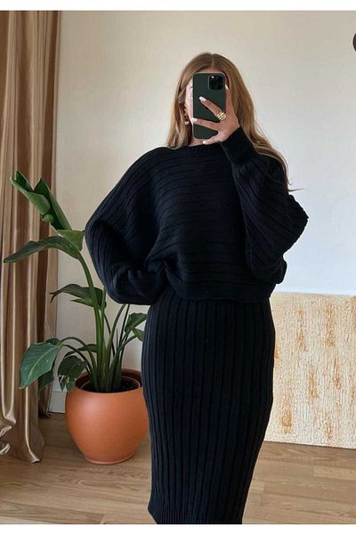 DünyaM MODA Set Tricot Dublu Negru - Rochie Femeie mânecă Lilieci