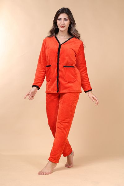 mervemoda Κοραλί μαλακό ύφασμα - Υψηλής ποιότητας γυναικείες πιτζάμες με μπροστινά κουμπιά και τσέπες