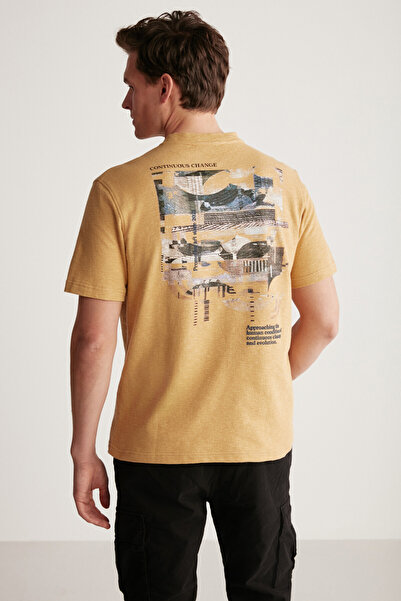 GRIMELANGE Ανδρικό μπλουζάκι Frankıe Special Suilt με υφή χοντρό ύφασμα με στάμπα 100% βαμβακερό μπεζ μπλουζάκι