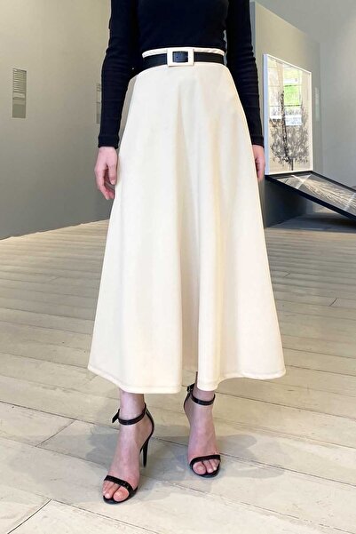 lamelif Kloş Etek Siyah Krem