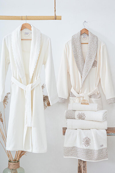 Ecocotton Liva Cream-Cream "M-L" 100% قطن عضوي مطرز 10 قطع طقم رداء حمام عائلي