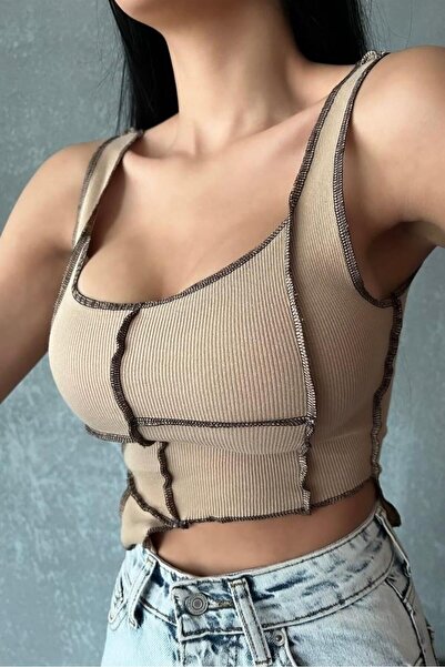 World Fashion Trends wft1497 Bluză crop din nurcă cu coase, fără mâneci