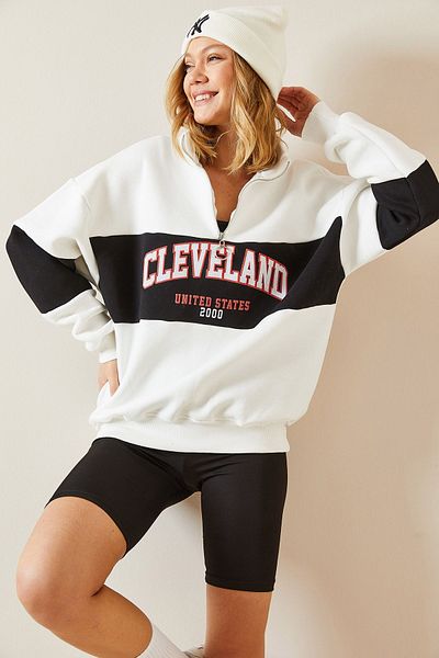 XHAN White Zipper Detailed Printed Sweatshirt 4KXK8-47703-01