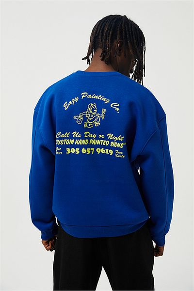 Eazy Co Eazy Painting Co Oversize Unisex Saks Blue Crew Neck Thick Sweatshirt