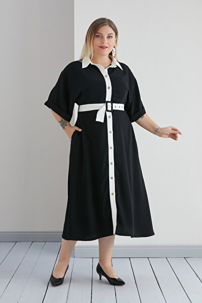 For Big Trend Women's Shirt Collar All-over Buttoned Sleeve Folded Contrast B...