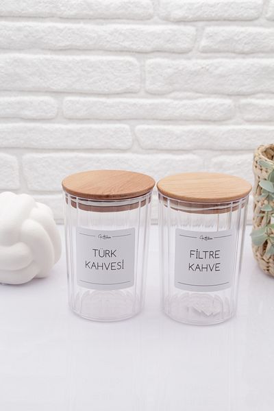 zezedesing Transparent Oval Striped Turkish Coffee and Filter Coffee Jar with Wooden Lid 800ML