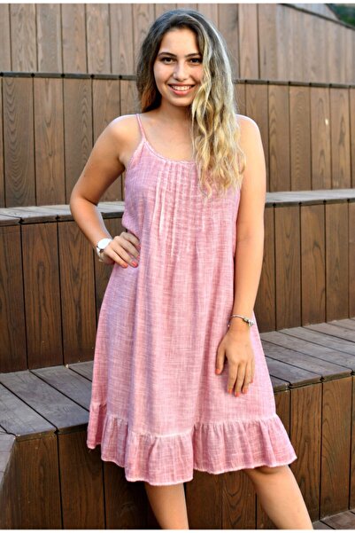 Bohemian Women's Pink Natural Cotton Woven Strap Dress