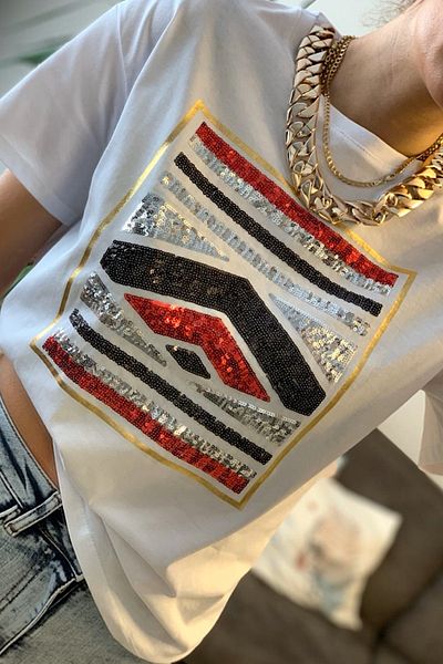 FEMELLE Tricou alb din bumbac brodat cu paiete în față pentru femei