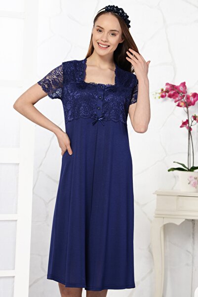 Emose Kadın Lacivert Dantelli Lohusa Gecelik